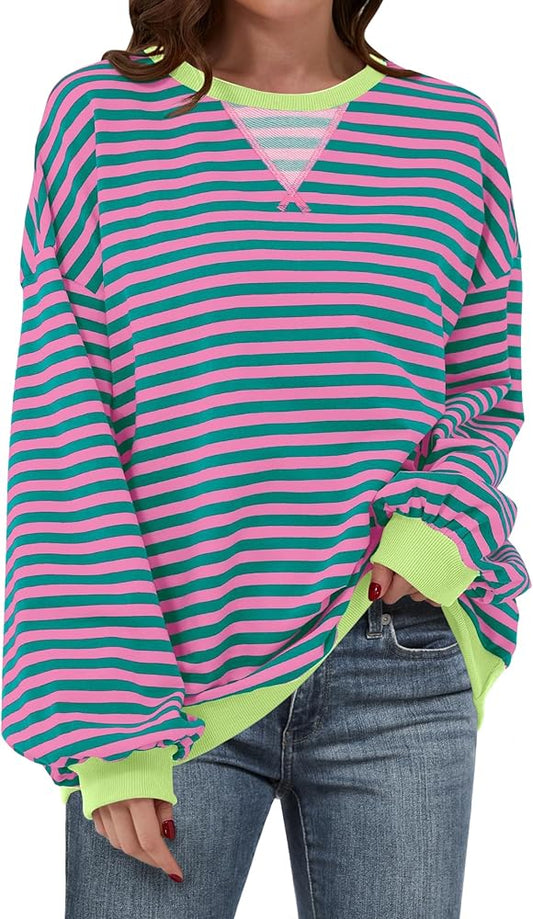 Women Striped Oversized Sweatshirt Crewneck Long Sleeve Shirts Hoodies 2025 Summer Fashion Pullover Top Y2K Outfits